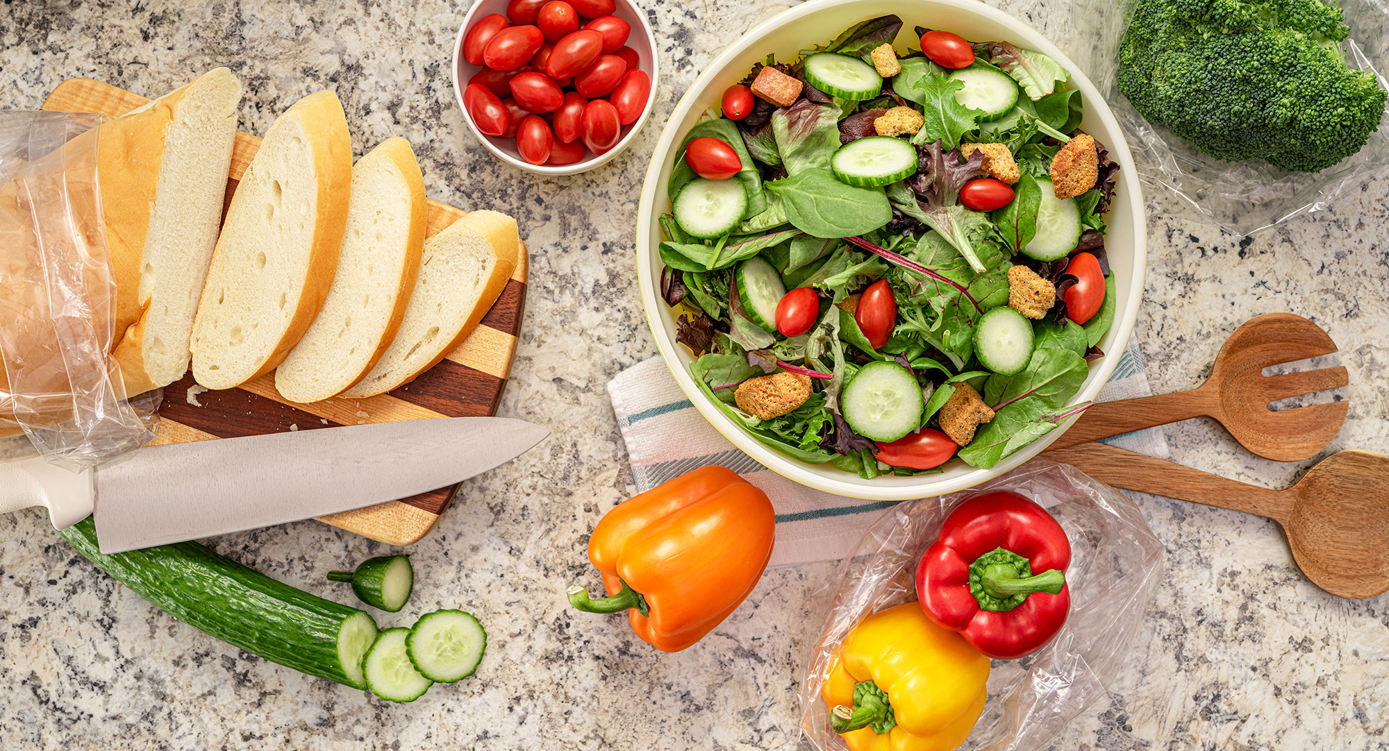 Fresh Bread and Produce on Kitchen Counter