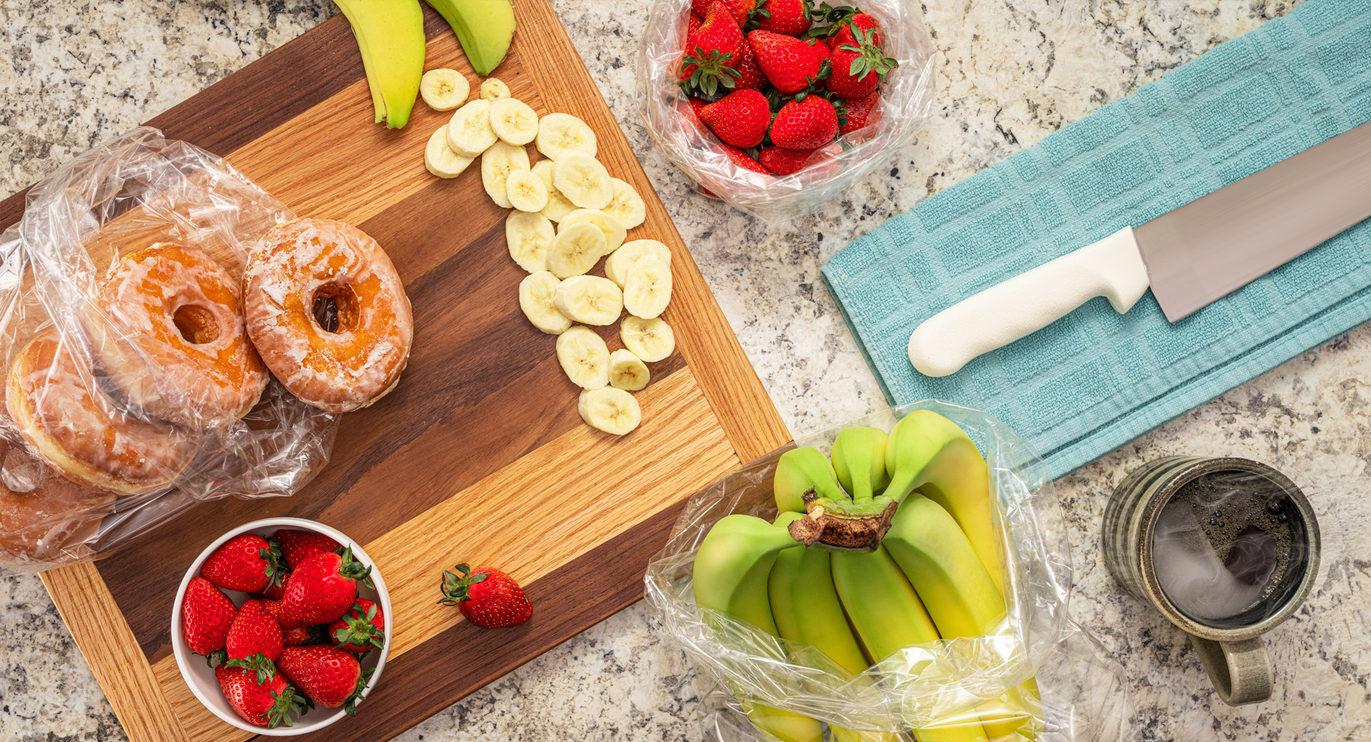 Fresh Donuts and Fruit on Kitchen Counter